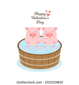 Valentine's day card.Cute cartoon animal taking a bath in wooden tub.