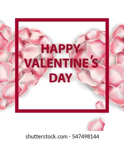 Valentines Day Card.Heart shape of pink rose petals with red bow isolatedand on a white background. Vector template.