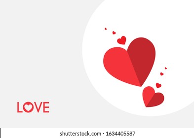 Valentines Day card,love text with heart inside and two hearts made from paper. Vector Illustration