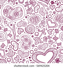 Valentines day card,ornate background.Seamless handdrawn pattern: hearts,flowers, abstraction. Cute doodle decorative elements, Valentines day celebration,romantic, love, wedding. Vector illustration.