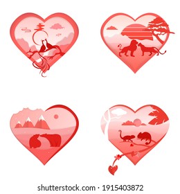Valentines Day cards with animals, bright red cards in the form of hearts. Fever Birds, polar bears, chameleons and lions in love. Vector illustration