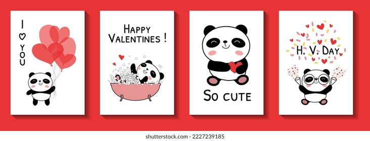 Valentines day cards with baby pandas vector illustration. Cute panda bear collection with red hearts on white. I love you, Happy Valentines, So cute, H. V. Day phrases. Flat style