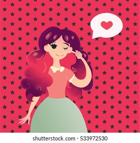 Valentines day cards with beautiful girl. Winking girl with long pink violet  hair. Fall in love Valentines day cards. Pattern background with stars. Candy and ice cream colors.