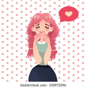 Valentines day cards with beautiful girl. Shy girl with long pink hair. Pattern background with stars. Candy and ice cream colors. Fall in love Valentines day cards.