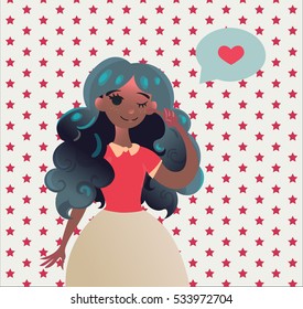 Valentines day cards with beautiful girl. Winking girl with long Black blue hair hair. Fall in love Valentines day cards. Pattern background with stars. Candy and ice cream colors.