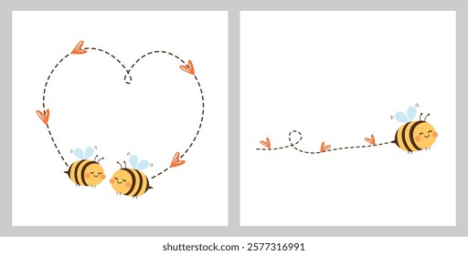 Valentine's day cards with bee cartoons and heart dot line icon sign isolated on white background vector. 
