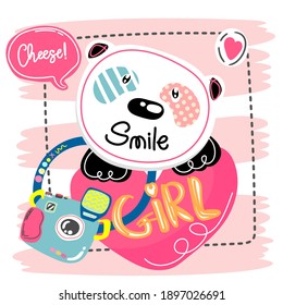  Valentine's day cards with camera, bear cub smiling  girl, festive lettering and in pink and brown colors. Vector illustration in cute cartoon flat style for printing Striped pink isolated background