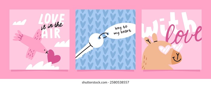 Valentines Day Cards With Capybara and bird in minimalism style. Greeting Card Design. Flat vector illustration.