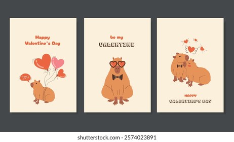 Valentine's Day Cards With Capybaras. Greeting Card Templates Design Cartoon Capybaras Printable in Retro Style. Vector