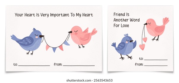 Valentines Day Cards Collection with Birds Couple. Hand drawn friends pair of blue and pink canaries characters. Cartoon animals in love concept. Love letter postcard design. Flat vector illustration.