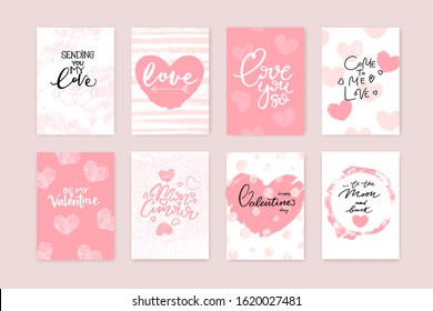 Valentine's day cards collection. Cute backgrounds, compositions with romantic phrases and hearts.