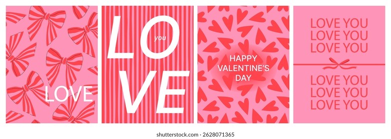 Valentine's day cards collection. Pink and red romantic design clip art for greeting. Cute bows, stripes, heart shapes and love you text on vector illustrations.