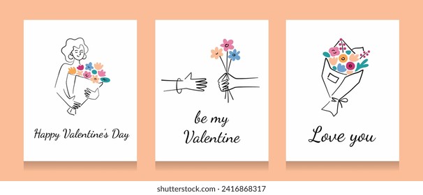 Valentines Day cards collection, women with flowers compositions, set of templates, vector arrangements with beautiful flower bouquets, be my valentine, set of cards with love confession