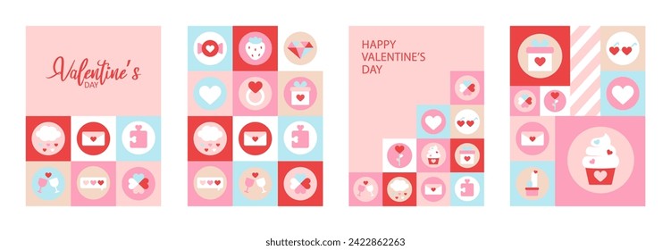 Valentine's Day Cards. Cute Mosaic Banners. Cards, posters, brochures. Ideal for Valentine`s Day, wedding and birthday. Bright pattern background in modern trendy geometric style