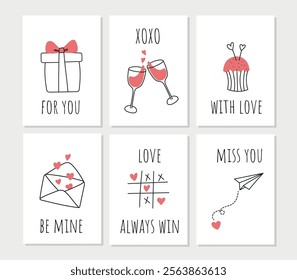 Valentine's day cards with doodle elements, set of romantic posters with gift, glasses, cupcakes, letter, paper airplanes and hearts