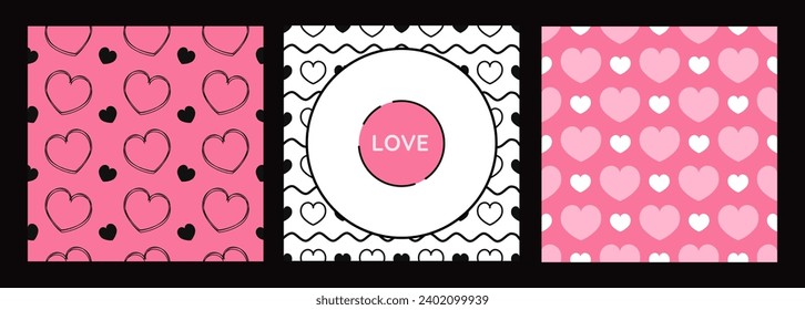 Valentine's Day cards with emty frame and patterns, decorative holiday backgrounds. Vector illustration.