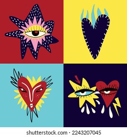 Valentines Day cards with Freaky Magical hearts and bizarre characters with magical eyes. Vector illustration in doodle style