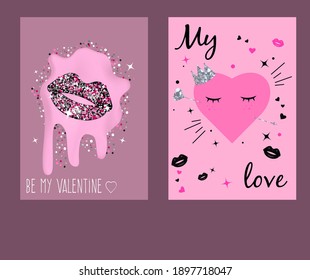 Valentine's Day cards with glitter, lips and hearts