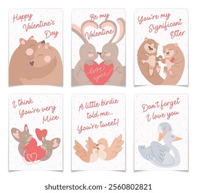 Valentines Day Cards with Hand Drawn Animals Couples. Romance concept postcards collection. Cartoon characters with hearts. Hugging bears, otters, rabbits, mice, doves, swans. Flat vector illustration