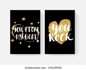 Valentine's day cards with hand lettring and gold glitter details.