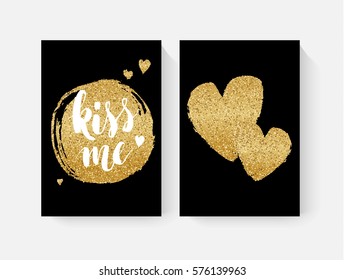 Valentine's day cards with hand lettring and gold glitter details.