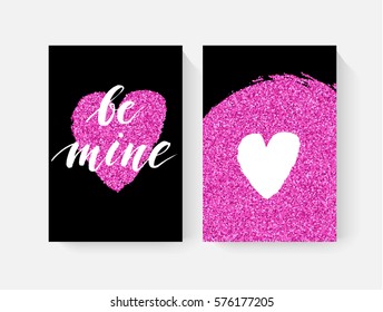 Valentine's day cards with hand lettring and pink glitter details.