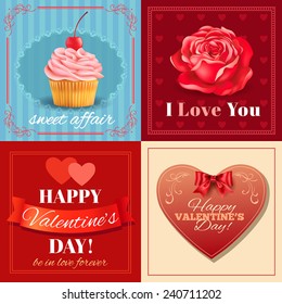 Valentines Day cards with heart shape, rose and cupcake. Vector eps 10.