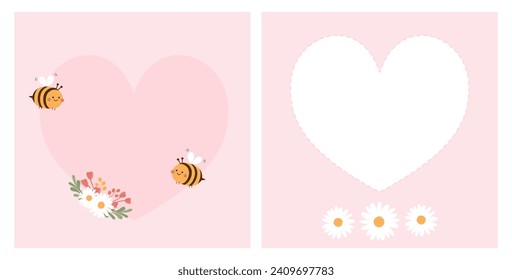  Cartas de San Valentín con forma de corazón, flor de margarita y pareja de abejas sobre fondo rosa como ilustración vectorial.