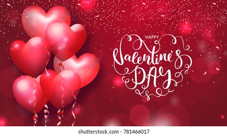 Valentines Day cards with heart shaped air balloons and beautiful Lettering. Vector illustration.