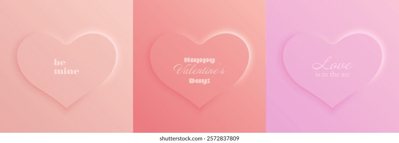 Valentine's Day cards with hearts and romantic phrases. Pink, yellow, and peach tones with soft gradients emphasize love and celebration