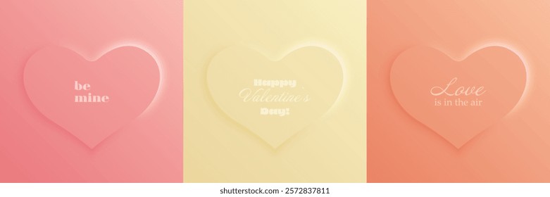 Valentine's Day cards with hearts and romantic phrases. Pink, yellow, and peach tones with soft gradients emphasize love and celebration