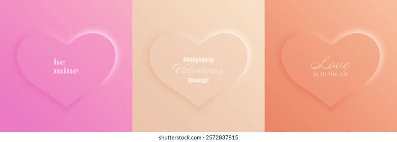 Valentine's Day cards with hearts and romantic phrases. Pink, yellow, and peach tones with soft gradients emphasize love and celebration