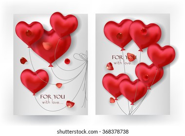 Valentine's Day cards with heart-shaped air balloons and rose petals