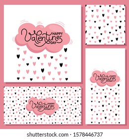 Valentine's day cards for holiday decoration. Pink cloud and rain of hearts. Seamless pattern. Vector flat illustration on white background