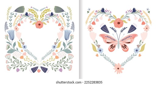 Valentine's day cards, invitation, spring floral heart design with flowers and butterfly