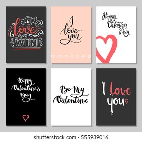 Valentines Day Cards with Modern Calligraphy Inscription. Set of Hand Lettering Greeting Cards. Valentines Day Gift Tags. Vector Illustration