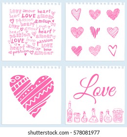 Valentine's Day cards on notebook leaves. Valentine's cards with hearts, beakers, words. 