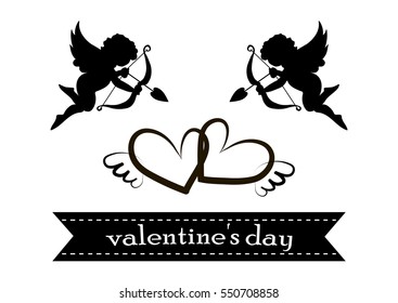 valentines day cards with ornaments, hearts, angel and arrow.