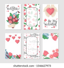 Valentines day cards with passion quotes. Floral romantic love invitation templates with lettering and patterns. 