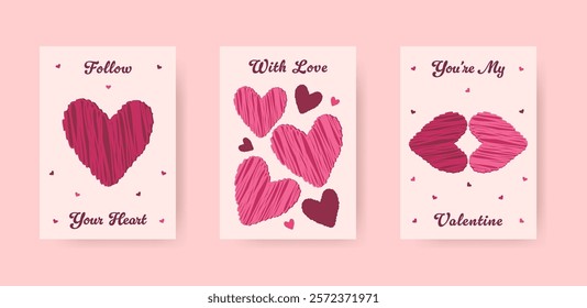 Valentine's Day cards with pink and red hearts. The text on each card reads, "Follow Your Heart," "With Love," and "You're My Valentine." The designs evoke love, romance, and celebration.