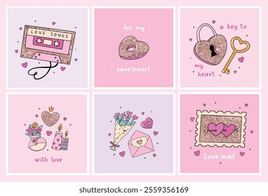 Valentines day cards, posters, prints, banners, invitations, wallpaper collection with doodles and lettering quotes. EPS 10