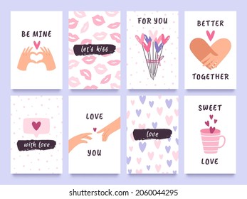 Valentines day cards and prints with hands of couple, hearts and kisses. Cute love gift tags with quotes. Happy valentine design vector set. Romantic event celebration greeting cards
