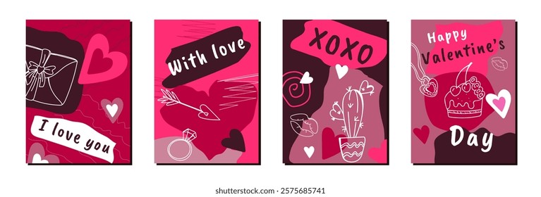   Valentines Day cards set. Abstract art design with hand draw doodle  . Vector