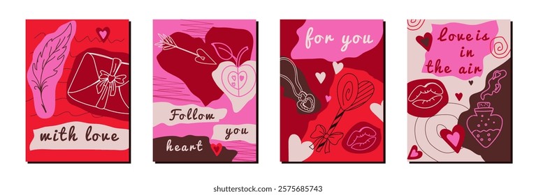   Valentines Day cards set. Abstract art design with hand draw doodle  . Vector