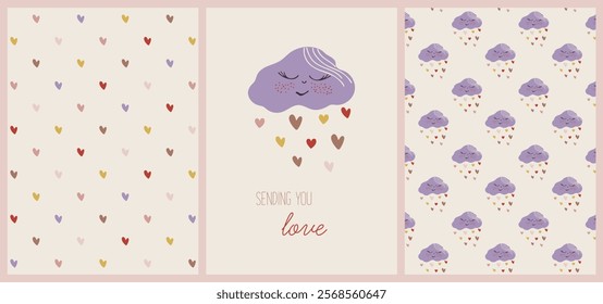 Valentine's Day cards set. Baby shower prints. Cute vector illustrations expressing love, perfect for any occasion. Vintage soft colors collection of backgrounds.
