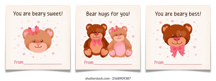 Valentines Day Cards Set with cartoon teddy bears. Simple postcards with cute textured hand drawn plush toy character in love. Romance animals couple concept. Flat style vector illustration.