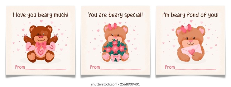 Valentines Day cards set with cartoon teddy bears. Simple postcards with hand drawn plush toys holding letter garland, bouquet and envelope. Animals couple concept. Flat vector illustration.