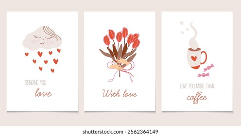 Valentine's Day cards set. Charming prints showcase messages of love. Cute vector illustrations expressing love through heartfelt messages, perfect for any occasion.