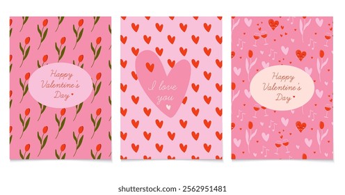 Valentine's Day cards set. Charming prints showcase messages of love. Cute ornate background with frame. Colorful vector illustrations, perfect for any occasion.

