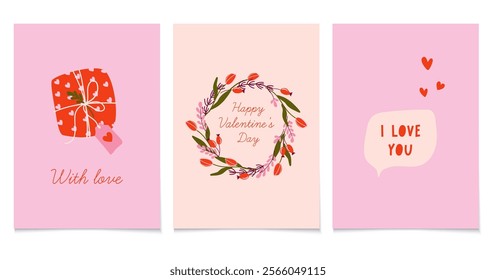 Valentine's Day cards set. Charming prints showcase messages of love. Cute vector illustrations expressing love through heartfelt messages, perfect for any occasion.
